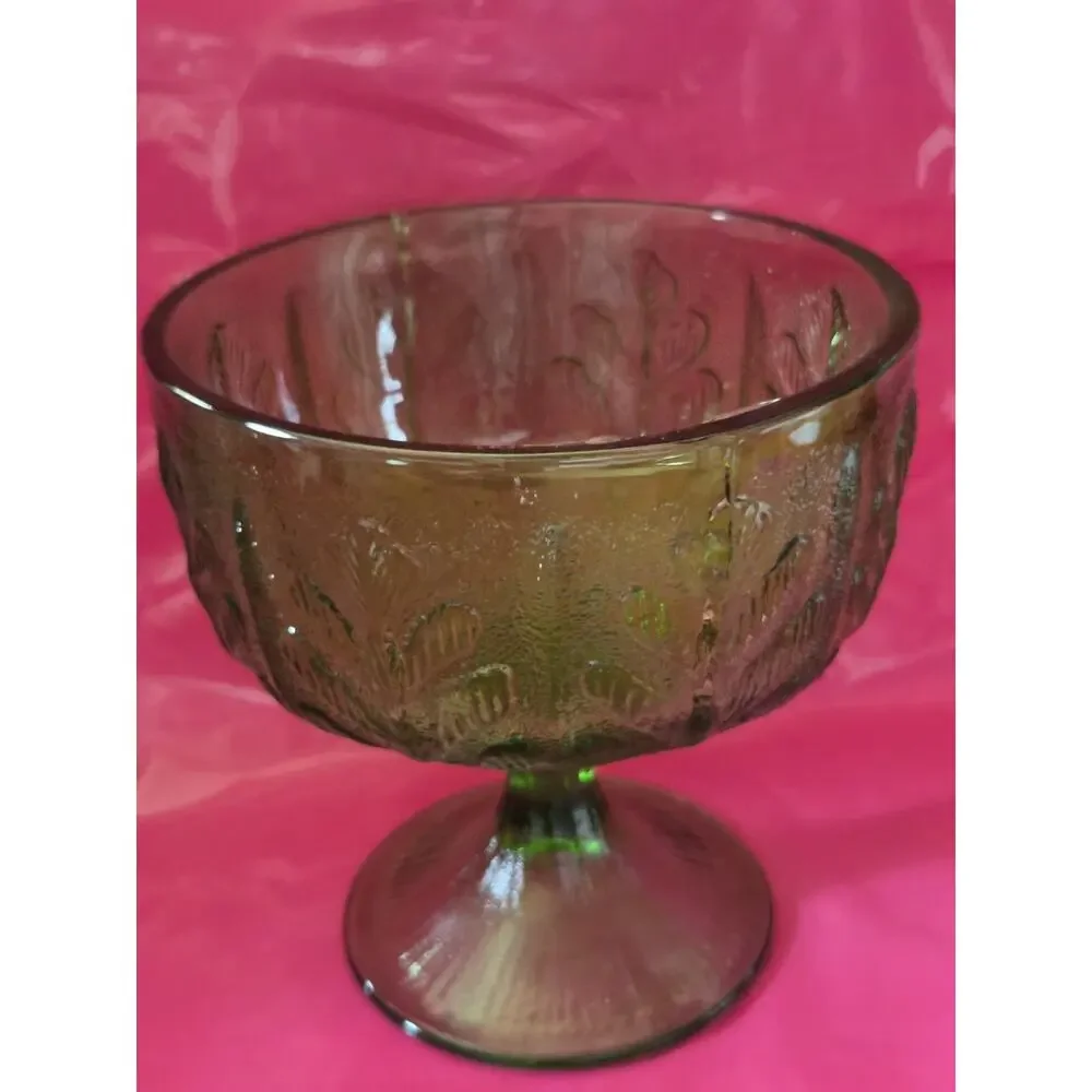 VTG FTD 1978 Green Glass Avocado Oak Leaf Pedestal Depression Bowl Dish